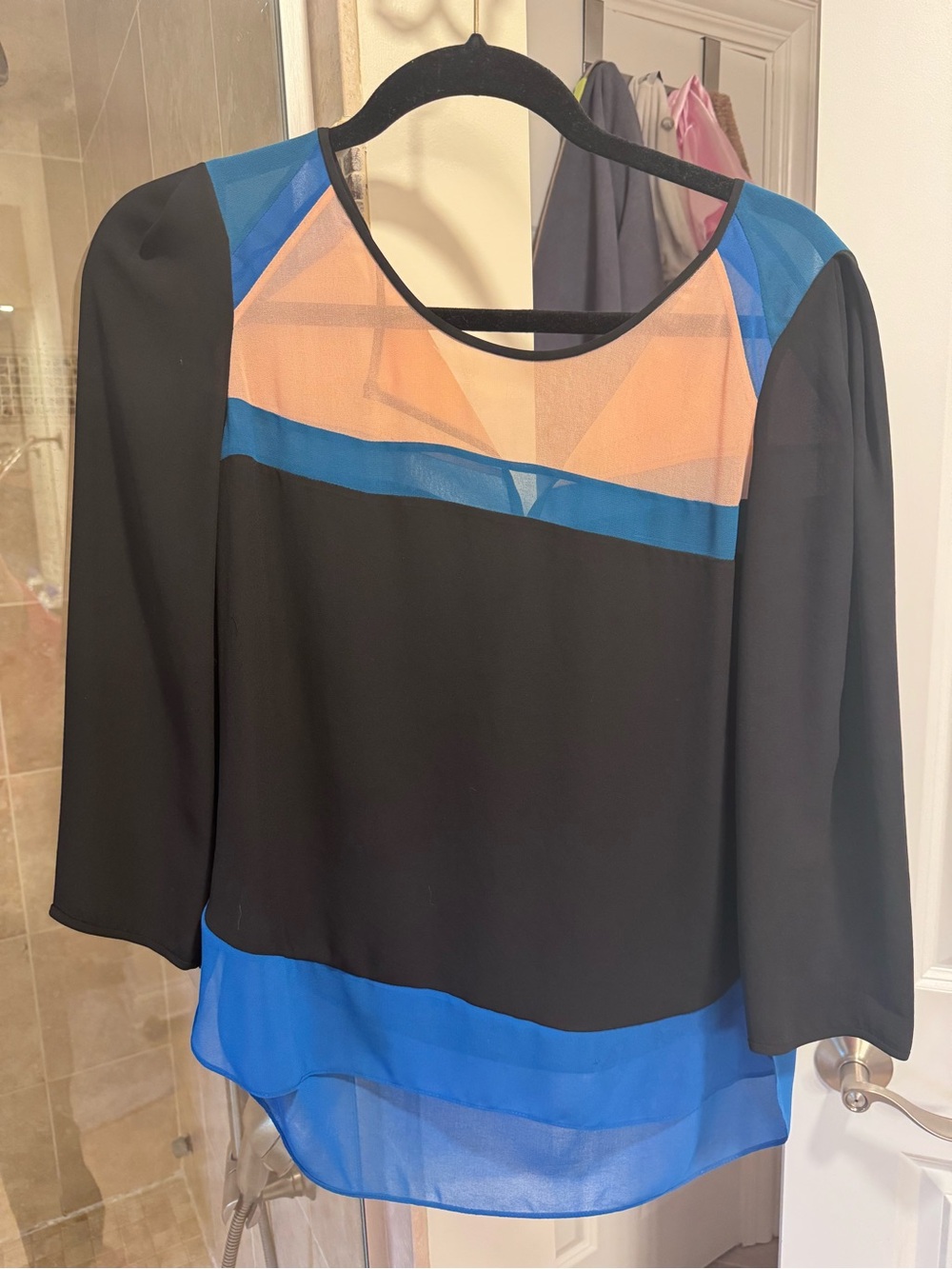 BCBG black color block sheer blouse